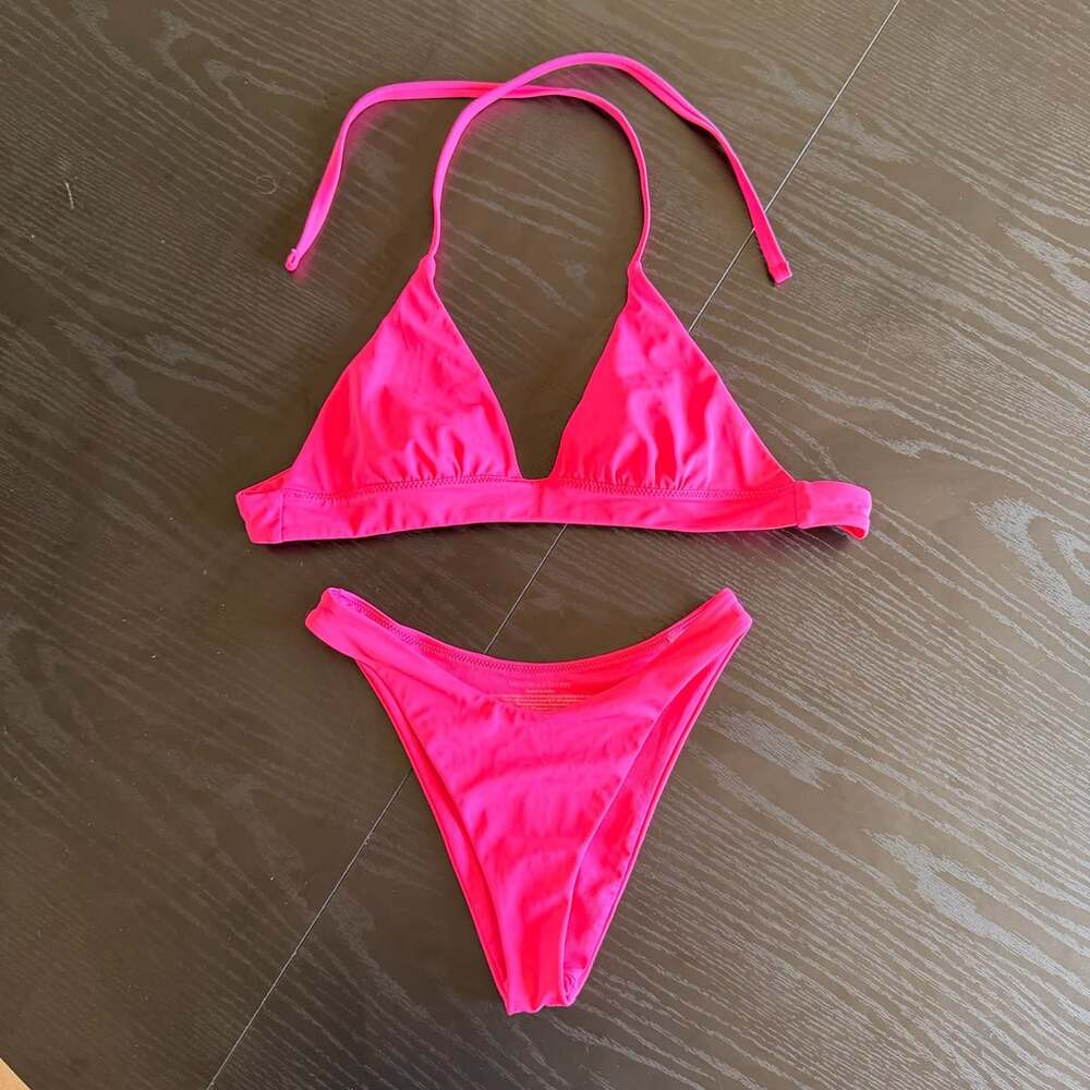 Victoria's Secret Neon Pink Halter Triangle Top and Brazilian Bikini Set XS